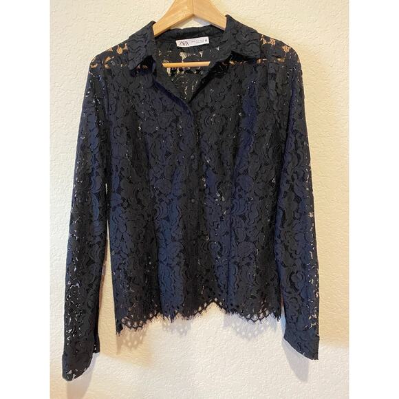 Zara Tops - Black Unconventional Lace Top Collar Button Up Sz‎ XL Goth Romantic Stretch